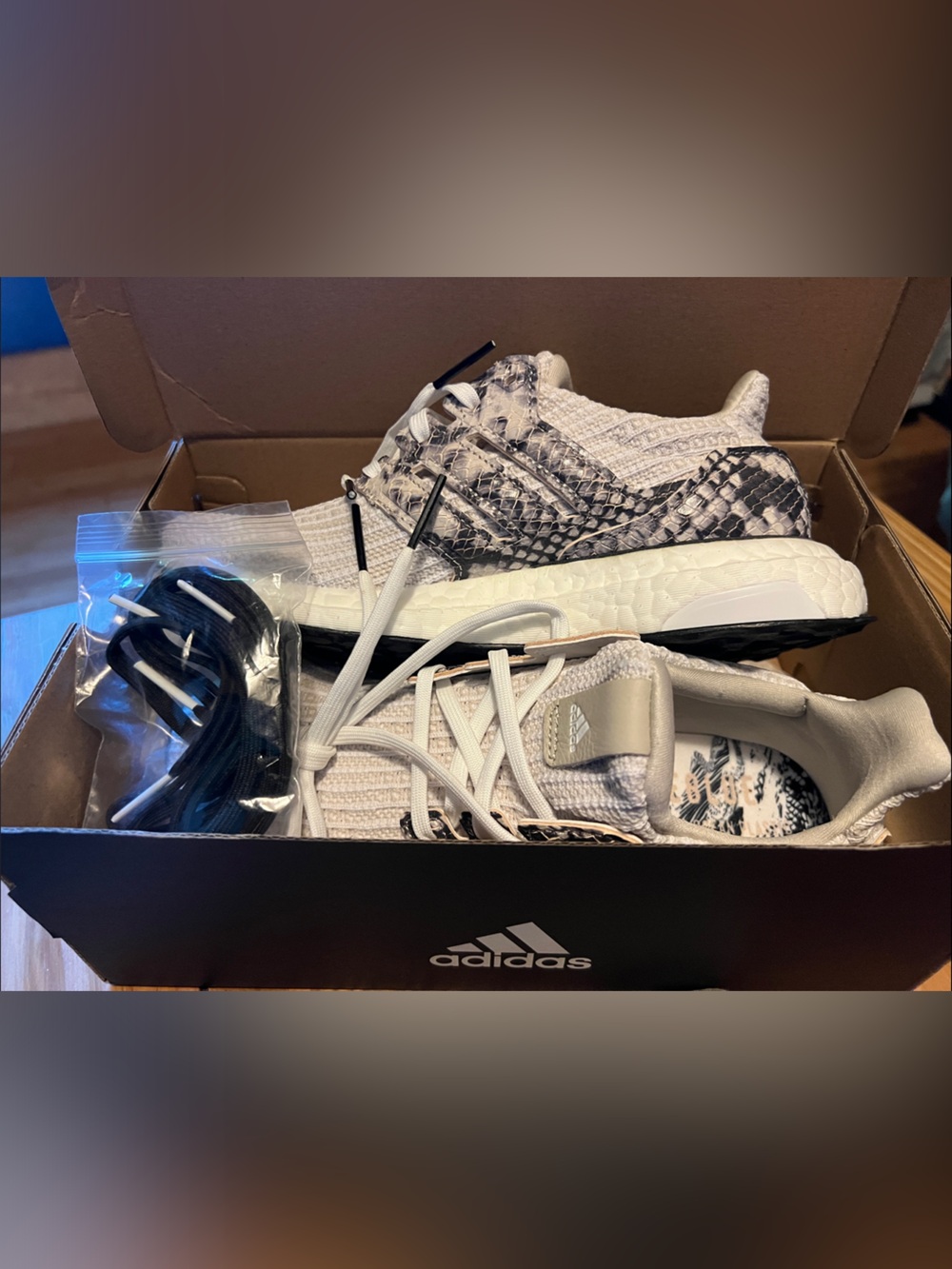 adidas ultra boost DNA Snake-Print Knit Running Shoes in Cream, Black and White